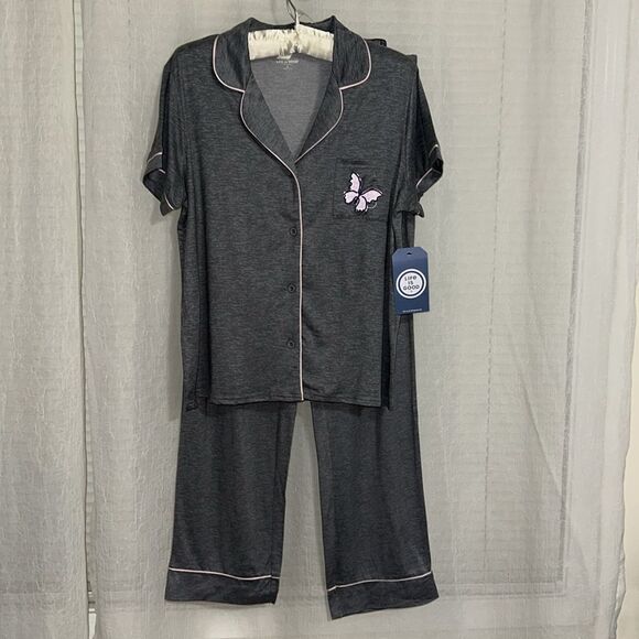 Life is Good L-XL Gray Pink Trim Notch Collar 2 pc Short Sleeve Top Pants PJ Set - Picture 8 of 16